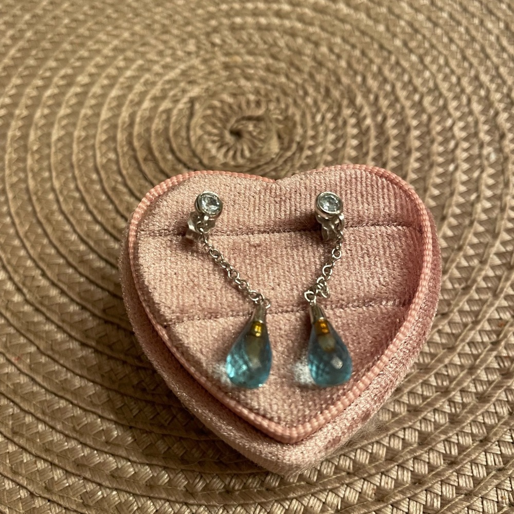 White gold blue topaz drop earrings. - Picture 2 of 5